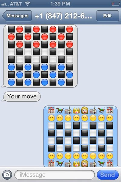 chess with emojis - ... At&T 1 847 2126... Messages Edit Your move . . . . O iMessage Send