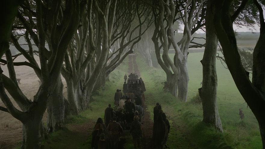 The Dark Hedges, Northern Ireland - The Dark Hedges, an avenue of Beech trees, was planted in the 18th century to impress visitors heading towards the Gracehill House outside Ballymoney. While featured several times in the show, the most memorable is at the end of Season One where Arya, Yoren, Gendry and Hot Pie are all leaving the city on their way to join the Night's Watch.