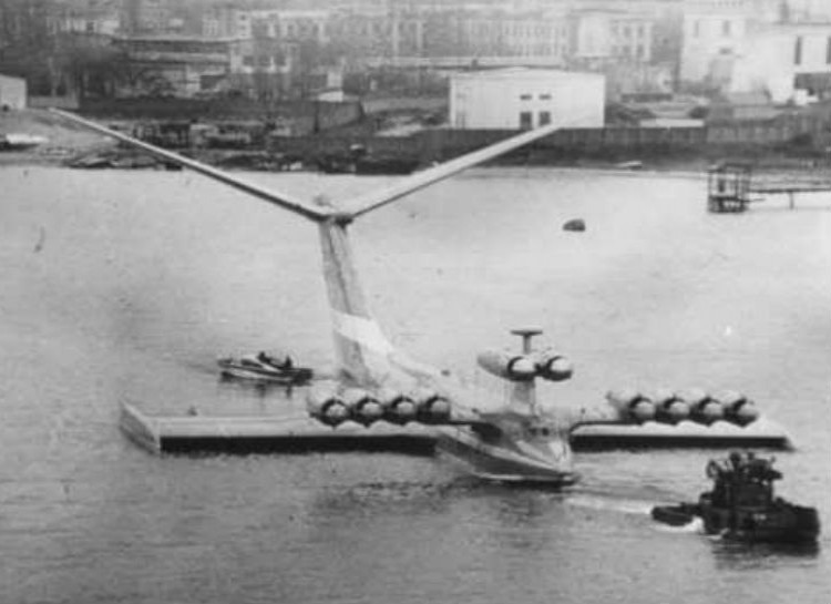 The Caspian Sea Monster - Developed at the design bureau of Rostislav Alexeyev in 1966, this crazy plane looks frightening with the numerous engines strapped to the front, the Y shaped tail wings, and the fact that it lands on water.