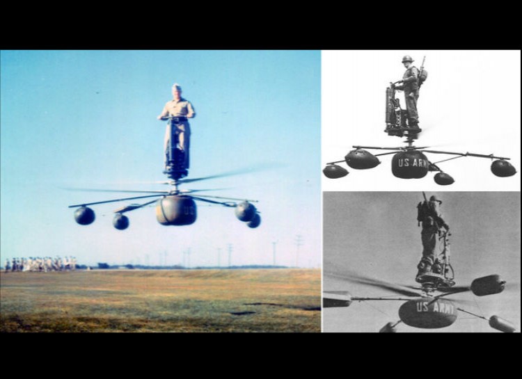De Lackner HZ-1 Aerocycle Flying Platform - Designed in 1954 for taking one soldier on recon missions, this craft looks odd now when compared to modern drones.