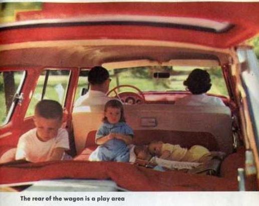 kids in 1980s station wagon - The rear of the wagon is a play area