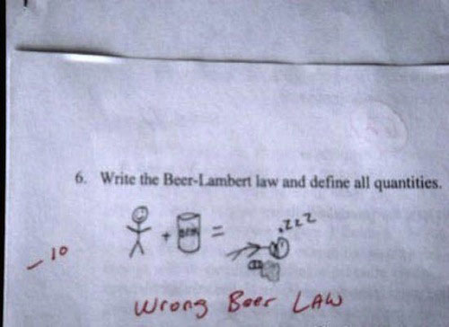funny test answers - 6. Write the BeerLambert law and define all quantities. wrong Boer Law