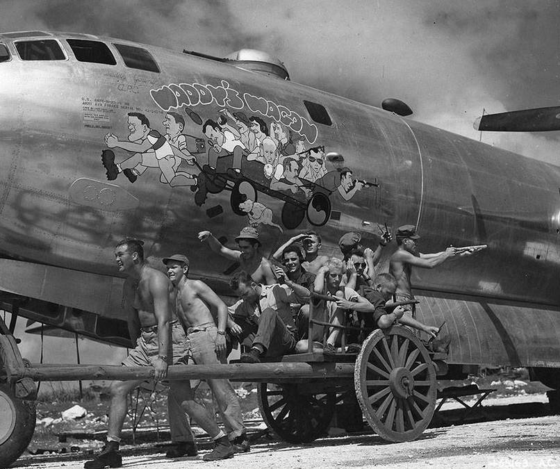 Captain Walter "Waddy" Young and his crew pose with their B-29 Superfortress in november, 1944