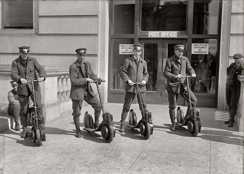 Mail workers show their new "Autoped" scooters in Washington, D.C. in 1917