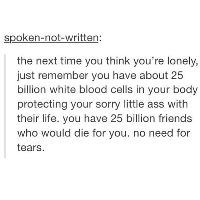 funny tumblr stories 2017 - spokennotwritten the next time you think you're lonely, just remember you have about 25 billion white blood cells in your body protecting your sorry little ass with their life. you have 25 billion friends who would die for you,