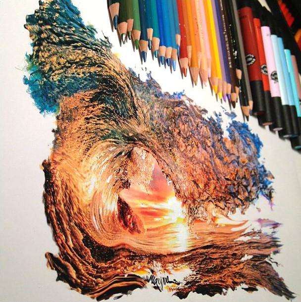 Amazingly realistic colored pencil drawing of a wave