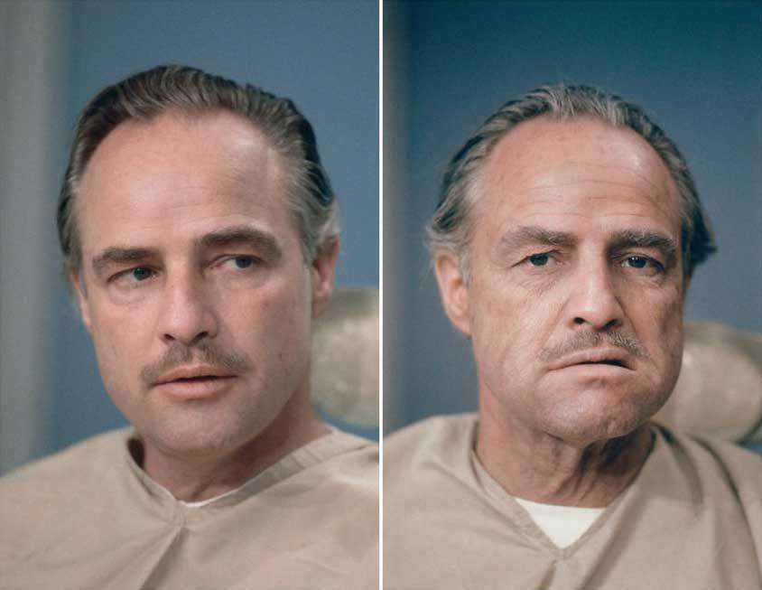 Marlon Brando before and after make-up for the Godfather Role