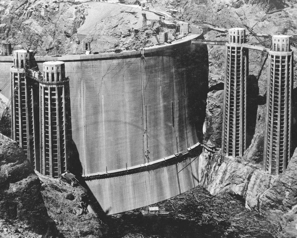 The back of the Hoover Dam before being filled with water