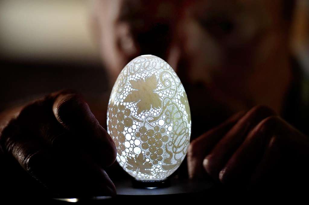 An eggshell with thousands of tiny holes drilled into it