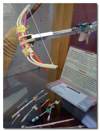 Toothbrush Crossbow - A Canadian prisoner in solitary used his time to make one of the most creative and complicated prison weapons in history. He built a full-fledged crossbow, using “10 toothbrushes, a cigarette lighter, a section of ballpoint pen casing, a piece of wire coat hanger, a section of a pair of aluminum cafeteria tongs, assorted electrical components, pieces of yellow rubber gloves, some Kleenex, a piece of string, and a few screws.”    The bolts were made of tightly packed toilet paper and aluminum foil – and they could be fired as far as 40 feet. The weapon doesn’t appear to have ever been used, and was confiscated and put on display. Because it’s pretty awesome.