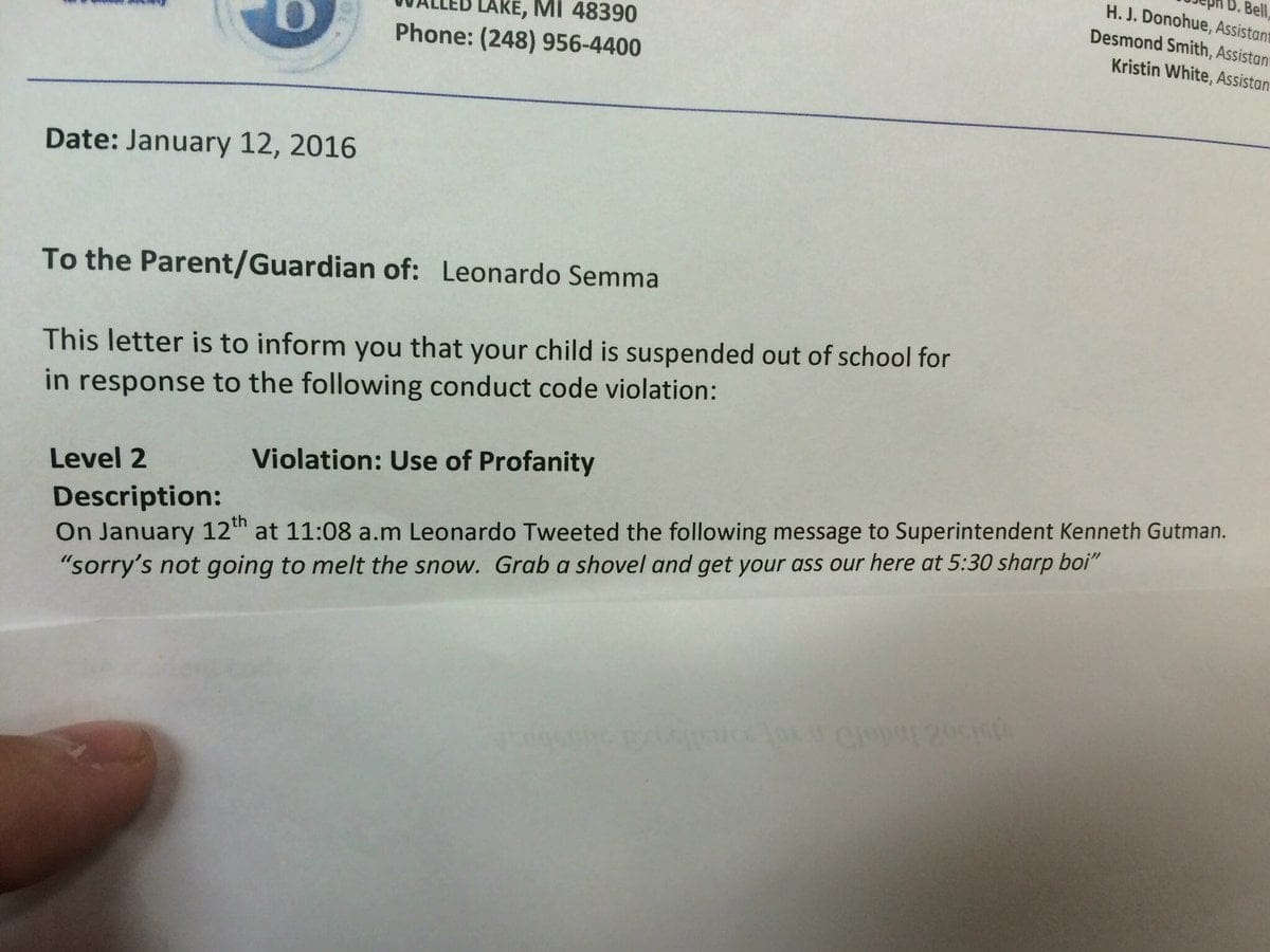 Semma was suspended for tweeting as his superintendent, which seems a little harsh! It was a three-day suspension, and it was in the middle of finals to boot.