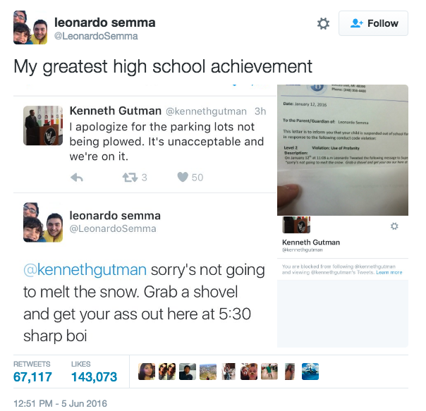 Semma posted the suspension to Twitter, calling it his "greatest high school achievement," and people agreed. The tweet rocketed up to 140,000 likes and 67,000 retweets!