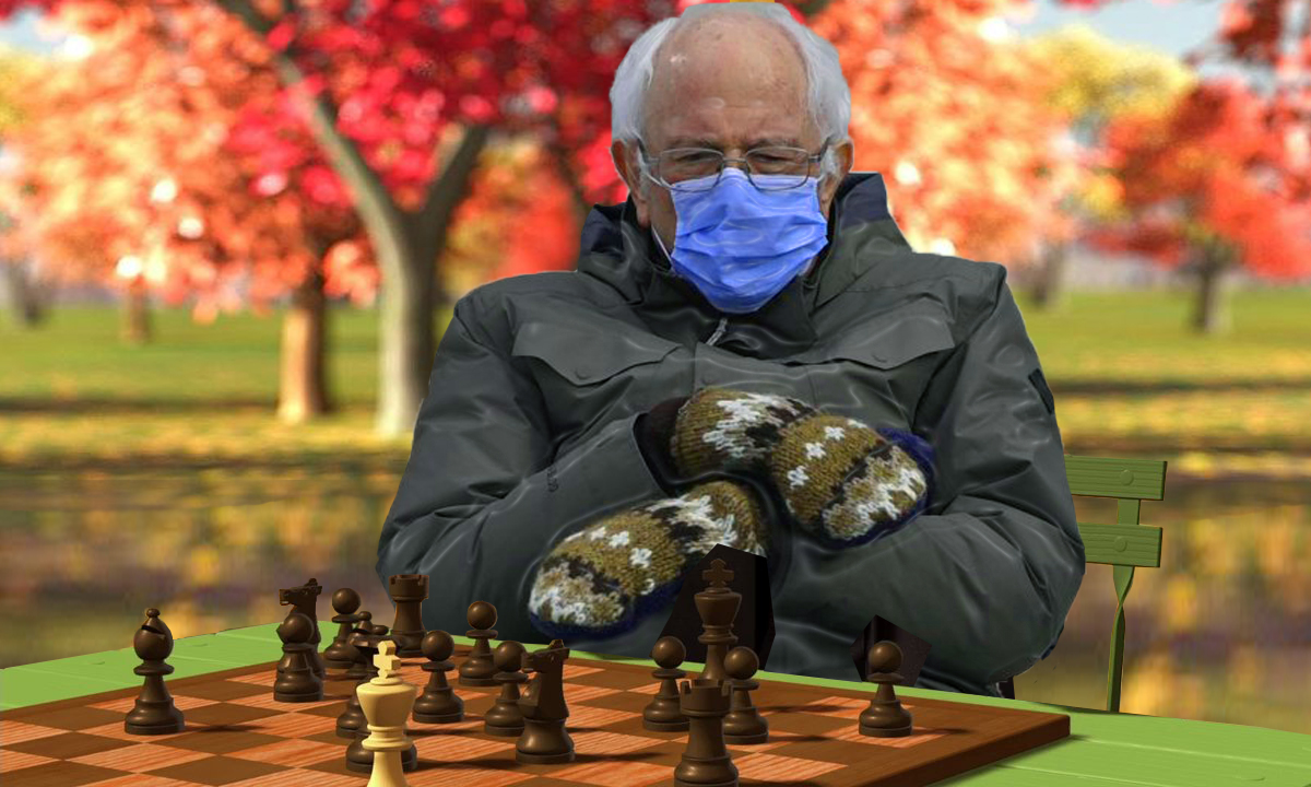 Bernie likes to play chess with himself in the park, so far he is undisputed champion winning all of his games.