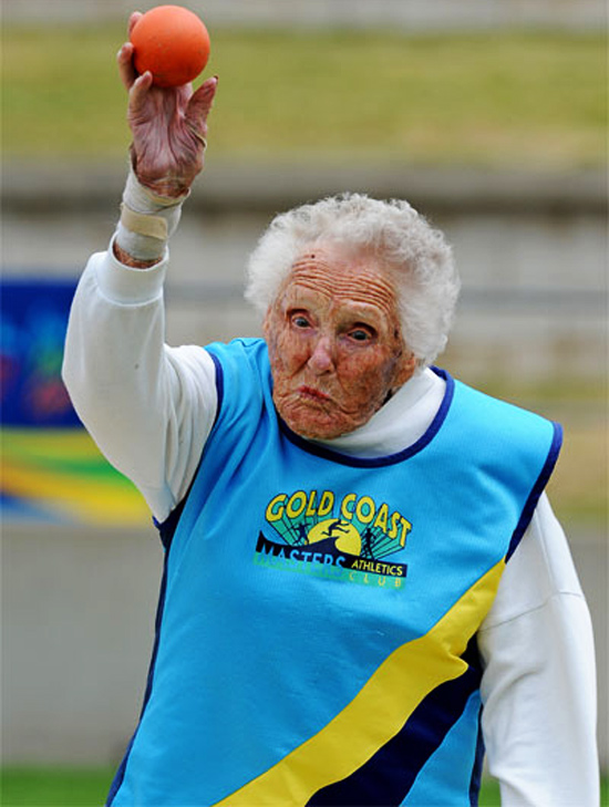 At the age of 100, the shot putter prepares for her latest throw at the World Masters Games.