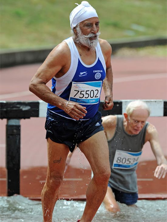 Harbhajan Singh Aulakh, Indian-born but representing Australia where he now lives, competes in the 75-79 age group steeple-chase. 