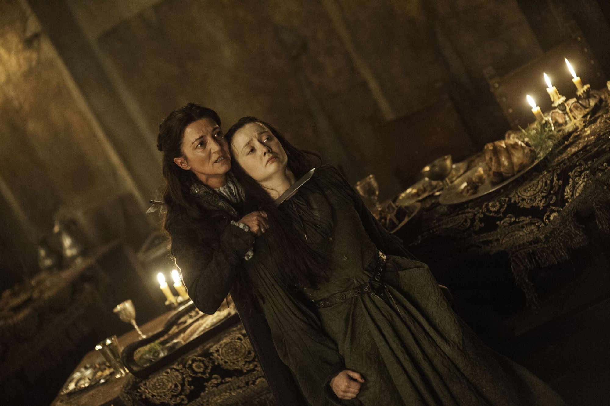 Joyeuse Frey - Throat slit by Catelyn Stark. In the books she kills his grandson, not his wife.
