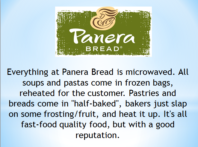 panera bread - 22 Panera Bread Everything at Panera Bread is microwaved. All soups and pastas come in frozen bags, reheated for the customer. Pastries and breads come in "halfbaked", bakers just slap on some frostingfruit, and heat it up. It's all fastfoo