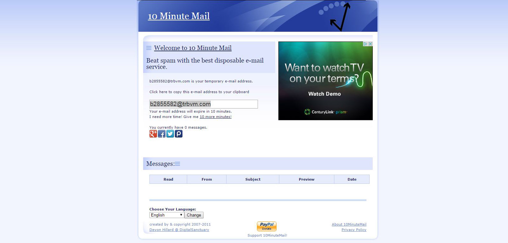 <a href="http://10minutemail.com/10MinuteMail/index.html" target="_blank">10minutemail.com</a> - For those times when you need a quick email-confirmation to download something but don't want to be bombarded with spam every day, check out 10-Minute Mail. This website provides you with an email address that lasts for ten minutes (long enough to get a confirmation), then the address self-destructs. Don't worry, if you need more time, just click the "Ten More Minutes" button.