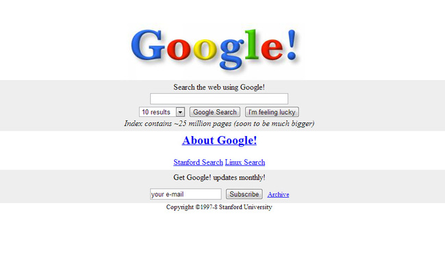 What Google's first page design looked like when it debuted in 1998.