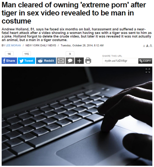 recognition signals - Man cleared of owning 'extreme porn' after tiger in sex video revealed to be man in costume Andrew Holland, 51, says he faced six months on bail, harassment and suffered a near fatal heart attack after a video showing a woman having 