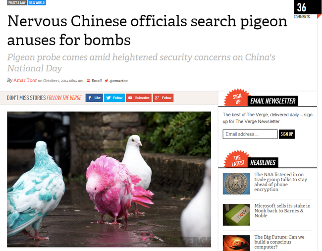 Headline - Policy & Law Us & World Nervous Chinese officials search pigeon anuses for bombs seon 36 Pigeon probe comes amid heightened security concerns on China's National Day By Amar Toor on Email amartoo Don'T Miss Stories The Verge f the Subscribe 8 S