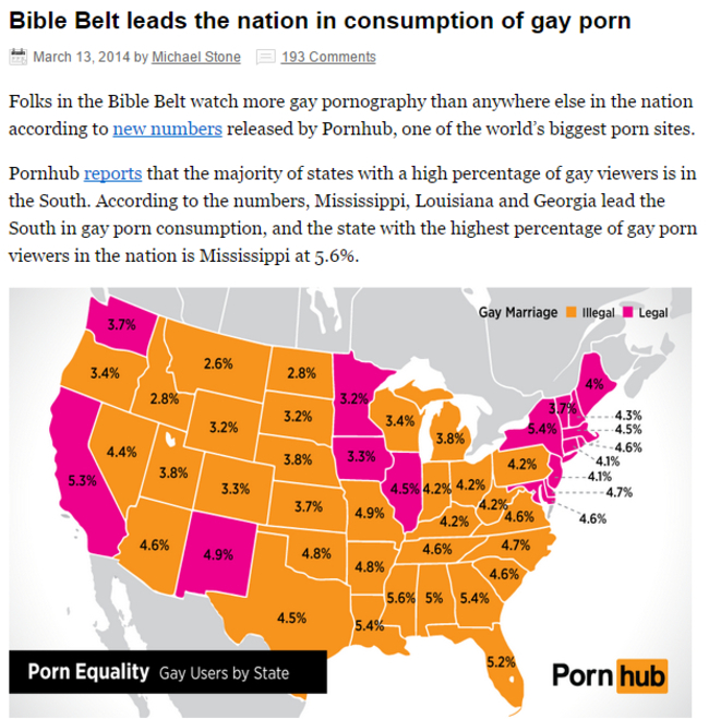 not legal porn - Bible Belt leads the nation in consumption of gay porn by Michael Stone 193 Folks in the Bible Belt watch more gay pomography than anywhere else in the nation according to new numbers released by Pornhub, one of the world's biggest porn s