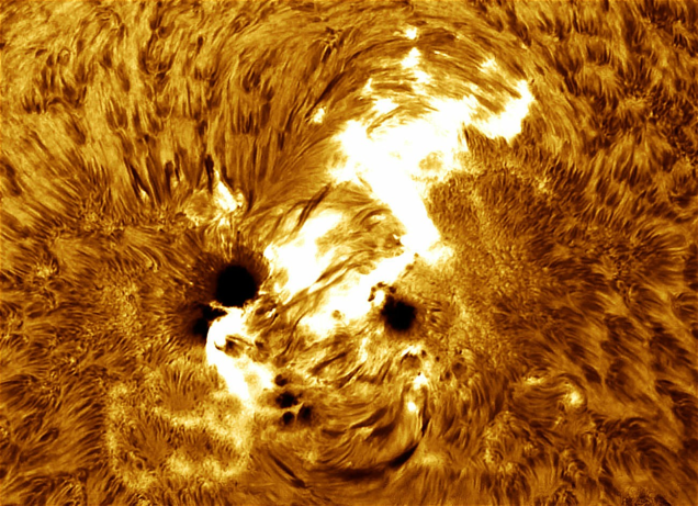 Stare Into the Heart of the Biggest Sunspot in 24 Years. On October 25th, giant sunspot AR 2192  the largest sunspot astronomers have observed in nearly a quarter century  erupted in an X3.1-class solar flare, one of the most powerful flares documented this year.