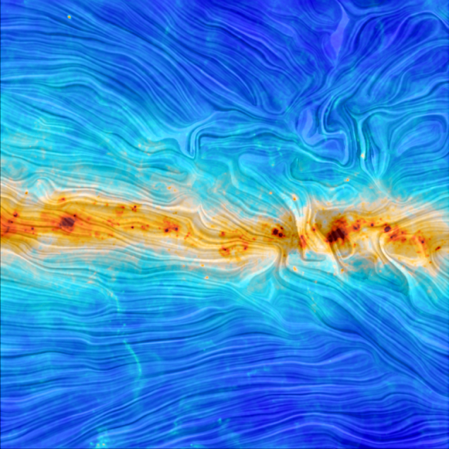 New Images Reveal the Shape of our Galaxy's Magnetic Field. The colors show temperature, with dark red the hottest and dark blue the coldest. And the relief lines reveal the shape of the vast magnetic field that envelops our galaxy and protects us from some of the high energy particles zooming through deep space.