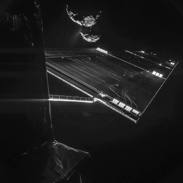 The Rosetta Mission Lands on a Comet. On August 6, after traveling through space for more than a decade, the European Space Agency's Rosetta spacecraft rendezvoused with comet 67PChuryumov-Gerasimenko. On November 12th, Rosetta's Philae lander successfully landed on the comet  the first such landing in human history. For these momentous achievements, the Rosetta mission gets two images: A photo taken by Philae from the surface of 67PC-G, and a selfie of Rosetta in orbit around the comet.