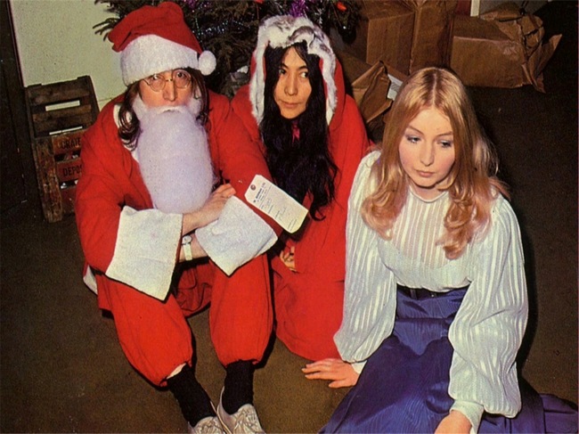 John Lennon, Yoko Ono and Mary Hopkins at the Apple Records Christmas party. 1968