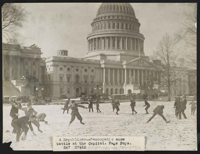 A Republican-Democratic snow battle at the Capitol. December 14th 1923
