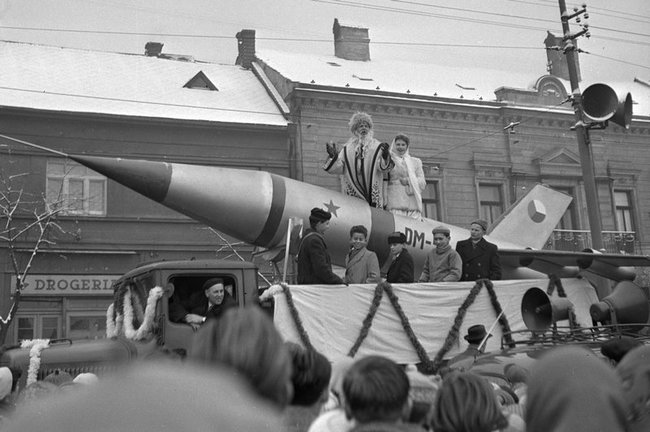 Father Frost rides a rocket during the Soviet occupation of Czechoslovakia. 1959