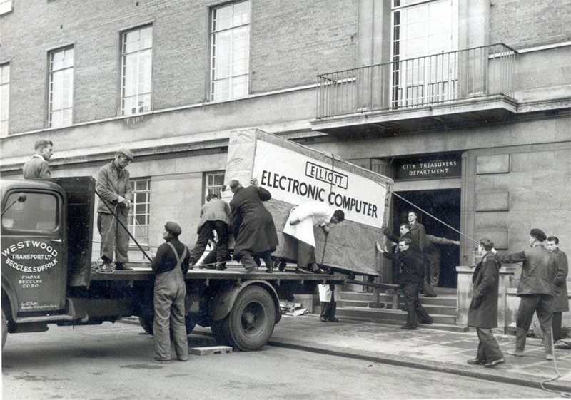 first computer delivery - Elliotti Electronic Computer City Treasurers Department Wood Westwo Transport La Eccles Suff