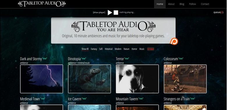 <a href="http://tabletopaudio.com/" target="_blank">tabletopaudio.com</a> - While this site was originally intended as a resource for players and GMs of tabletop role-playing games, Tabletop Audio is for: Role-players, boardgamers, writers, coders, artists, graphic designers, teachers, house-cleaners, lucid dreamers, gym-rats, distance runners, commuters and ANYONE who wants to immerse themselves in the audio-space of one environment, while physically inhabiting another. On the main page, you will find dozens of 10-minute, situational audio files called ambiences. Press play. Listen.