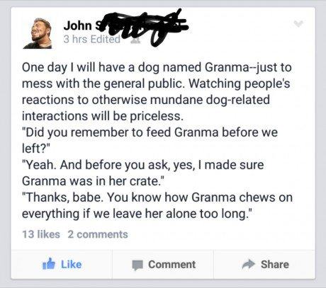 web page - Johns 3 hrs Edited One day I will have a dog named Granmajust to mess with the general public. Watching people's reactions to otherwise mundane dogrelated interactions will be priceless. "Did you remember to feed Granma before we left?" "Yeah. 