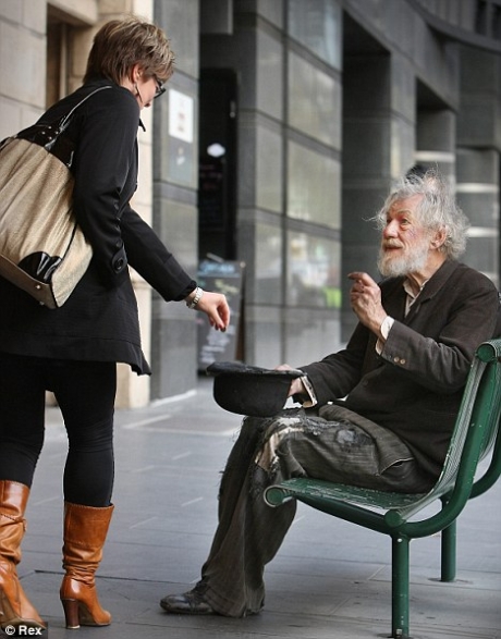 Sir Ian McKellen mistaken for a homeless man while taking a break outside from rehearsals.