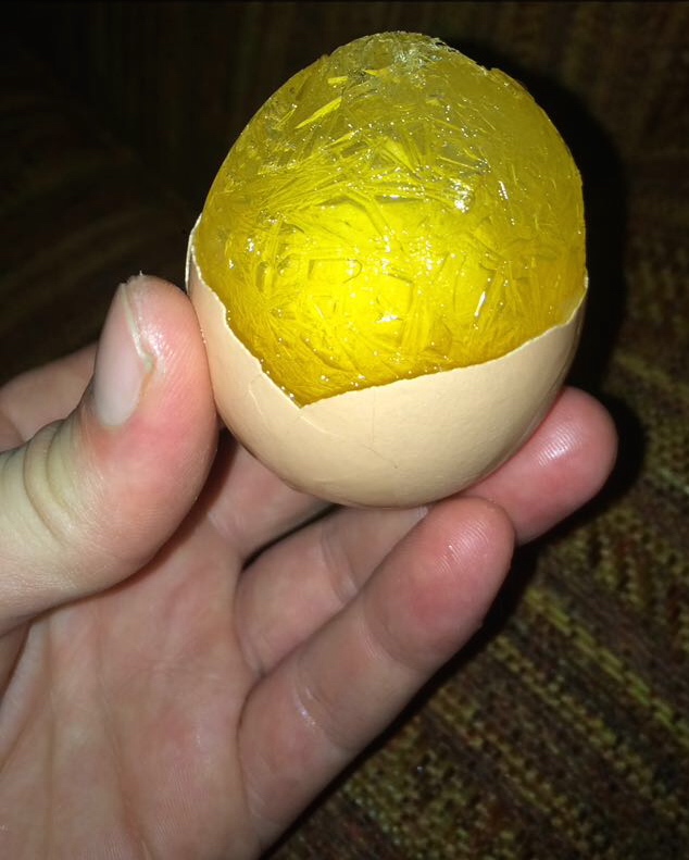 The aftermath of a frozen egg in the fridge.