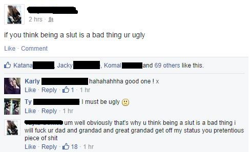 cringe pretentious people cringe - 2 hrs 2 if you think being a slut is a bad thing ur ugly Comment Katana Jacky Komal and 69 others this. Ty Karly hahahahhha good one! x 11 hr I must be ugly 1 hr um well obviously that's why u think being a slut is a bad