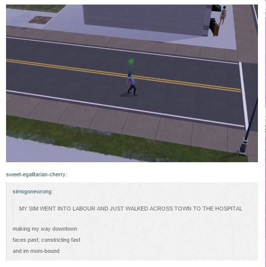 tumblr - sport venue - sweetegalitariancherry simsgonewrong My Sim Went Into Labour And Just Walked Across Town To The Hospital making my way downtown faces past, constricting fast and im mombound