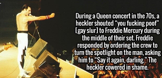 nordic days - During a Queen concert in the 70s, a heckler shouted "you fucking poof" gay slur to Freddie Mercury during the middle of their set. Freddie responded by ordering the crew to turn the spotlight on the man, asking him to Say it again, darling.