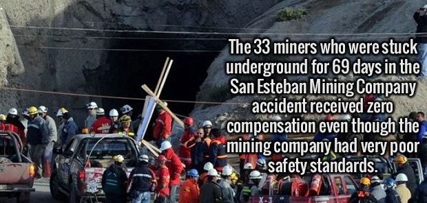 The 33 miners who were stuck underground for 69 days in the San Esteban Mining Company accident received zero compensation even though the mining company had very poor safety standards.