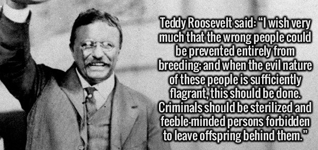 human behavior - Teddy Roosevelt said "I wish very much that the wrong people could be prevented entirely from breeding and when the evil nature of these people is sufficiently flagrant this should be done. Criminals should be sterilized and feebleminded 
