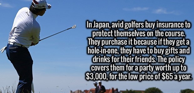 exciting facts - In Japan, avid golfers buy insurance to protect themselves on the course. They purchase it because if they get a holeinone, they have to buy gifts and drinks for their friends. The policy covers them for a party worth up to $3,000, for th