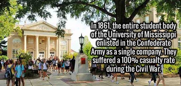 ole miss campus - In 1861, the entire student body of the University of Mississippi enlisted in the Confederate Army as a single company. They suffered a 100% casualty rate during the Civil War.
