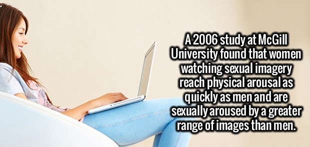 sitting - A 2006 study at McGill University found that women watching sexual imagery reach physical arousal as quickly as men and are Sexually aroused by a greater range of images than men.