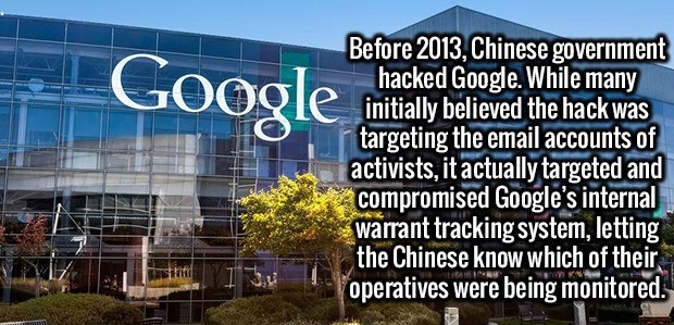 architecture - . G oogle initially believed the hack was Before 2013, Chinese government hacked Google. While many initially believed the hack was targeting the email accounts of activists, it actually targeted and compromised Google's internal warrant tr