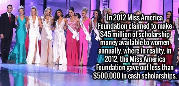 beauty - In 2012 Miss America Foundation claimed to make million of scholarship money available to women annually, where in reality, in 2012, the Miss America Foundation gave out less than $500,000 in cash scholarships.