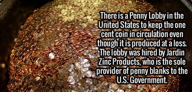 soil - There is a Penny Lobby in the United States to keep the one cent coin in circulation even though it is produced at a loss. The lobby was hired by Jardin Zinc Products, who is the sole provider of penny blanks to the U.S. Government