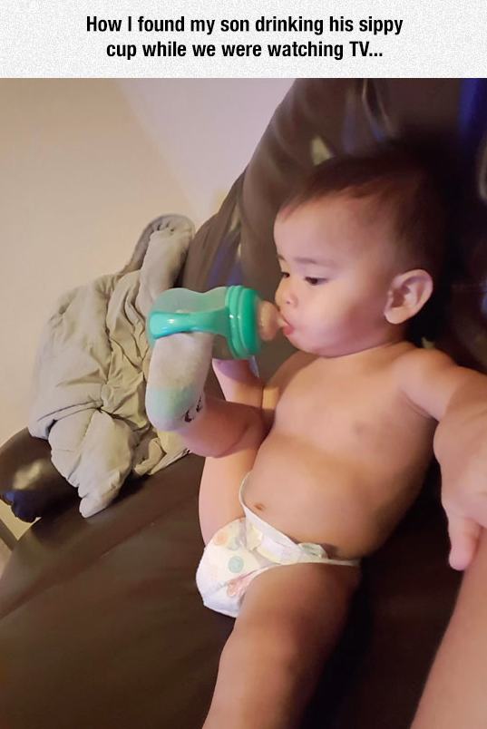 mouth - How I found my son drinking his sippy cup while we were watching Tv...