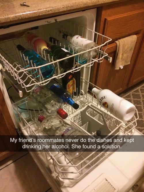 alcohol in dishwasher - Jb My friend's roommates never do the dishes and kept drinking her alcohol. She found a solution.
